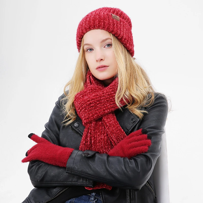 Conjunto de gorro y bufanda de invierno chenilla para mujer y niña, gorro de lana, gorros y bufandas femeninas, de guantes de Color rojo|Sets de bufanda para hombre| - AliExpress