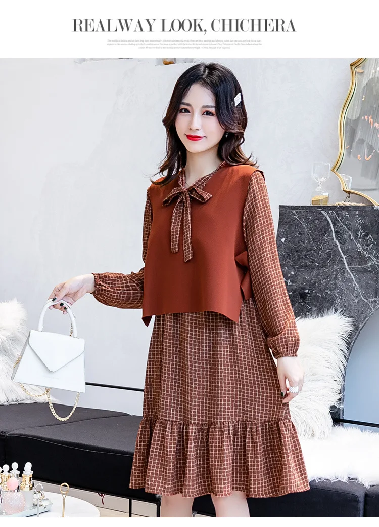 Fashion Womens Breastfeeding Dresses Autumn Winter Maternity Pregnant Nursing Dress 2 Pcs Long Sleeve Ruffles Pregnancy Clothes (16)