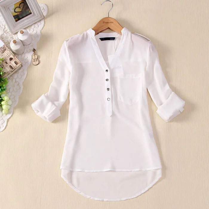 Women Blouse Button V Neck Spring Summer V-neck Chiffon fabric Long Sleeve Casual Shirt Office Lady Elegant Blouse Shirt Tops P5 2