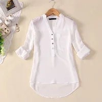 Women Blouse Button V Neck Spring Summer V-neck Chiffon fabric Long Sleeve Casual Shirt Office Lady Elegant Blouse Shirt Tops P5 2