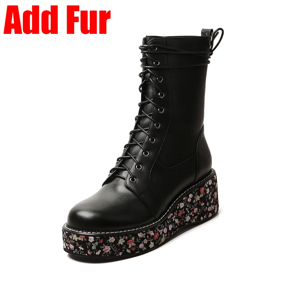 black add fur DORATASIA/Новинка осени 33-41; Роскошные брендовые ботиночки; женские черные ботинки из натуральной кожи на платформе; женская обувь на танкетке года - Цвет: black add fur