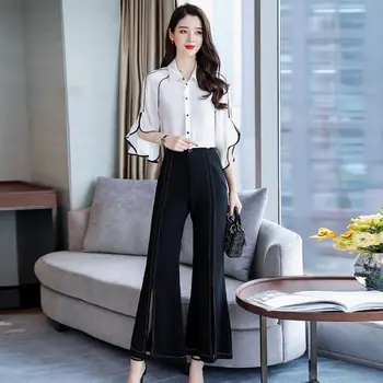 

Women 2020 Spring Autumn Chiffon Blouse Tops Sets Female Fashion Elegant Ruffles Tops+Wide Leg Pants Two Piece Casual Suits T389
