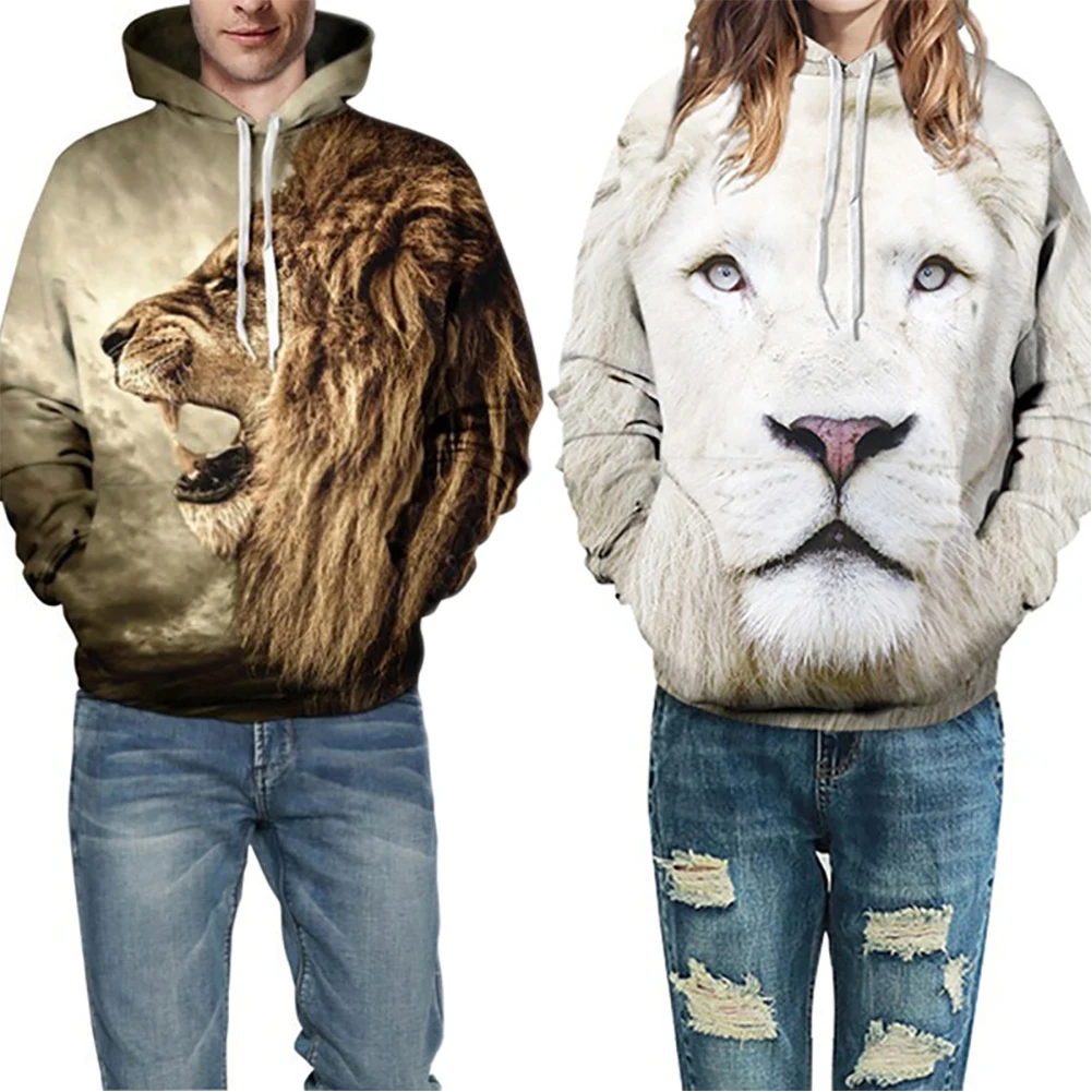 Mens Hoodies Funny 3D Tiger Lion Print Animals Sweatshirt Casual Loose Pocket Long Sleeve Winter Men Hoodies Unisex Pullovers
