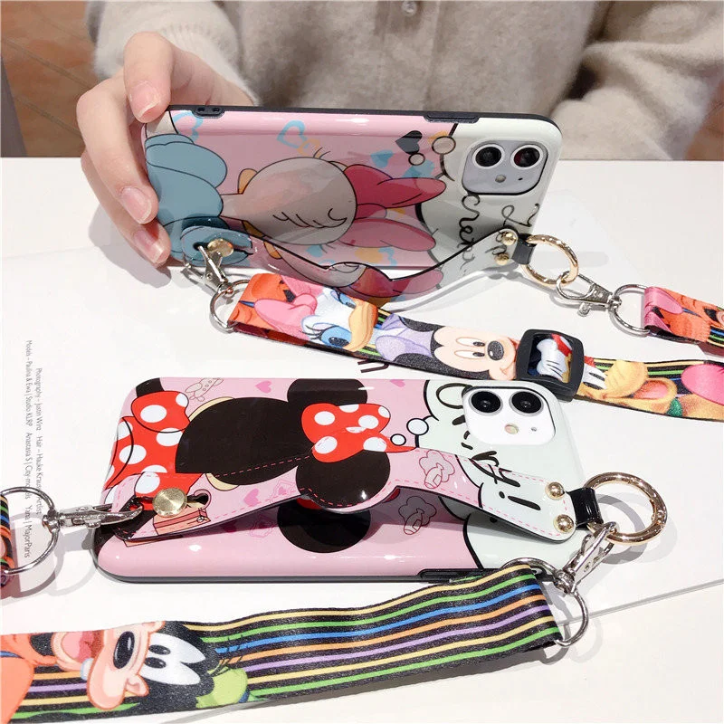 Disney Cartoon Mickey Minnie Mouse Daisy Donald Duck Wrist Strap Lanyard Phone Case For IPhone 12 Pro Max 11 7 8 Plus X XR SE XS