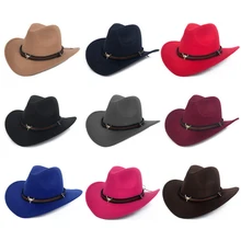 Женская и Мужская шерстяная Классическая Западная ковбойская шляпа с широкими полями в стиле панк кожаный ремень джаз шляпа с тауренским кожаным поясом ковбойская шляпа