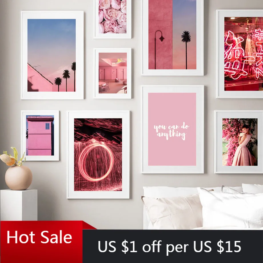 Wall Art Canvas Painting Pink City Flower Light Beach Girl Photo Nordic Prints Pictures For Posters Aesthetic Room Decor | Дом и сад