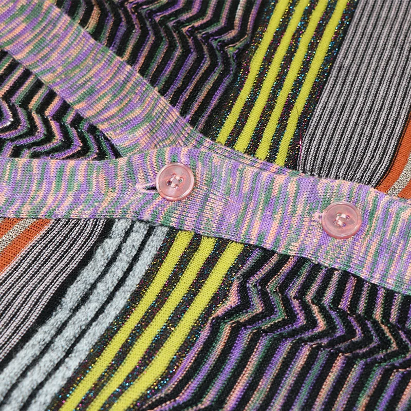 Micosoni Italianism трикотажный осенний Цветной полосатый v-образный вырез длинный рукав однобортный Тонкий вязаный кардиган Женская одежда