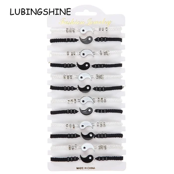 12Pcs/lot Yin and Yang Tai Chi Metal Pendant Black/White Leather Cord Woven Men Women Couple Bracelet Anklet Gift Set