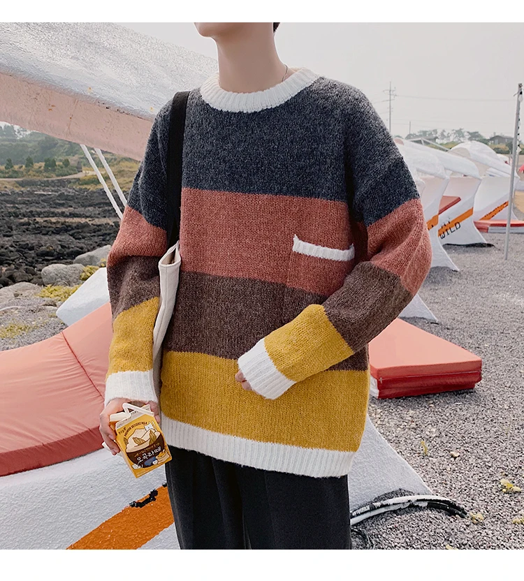 Зимний толстый мужской свитер, теплый модный Контрастный ЦВЕТНОЙ Повседневный вязаный пуловер, мужской свитер, свободные вязаные свитера