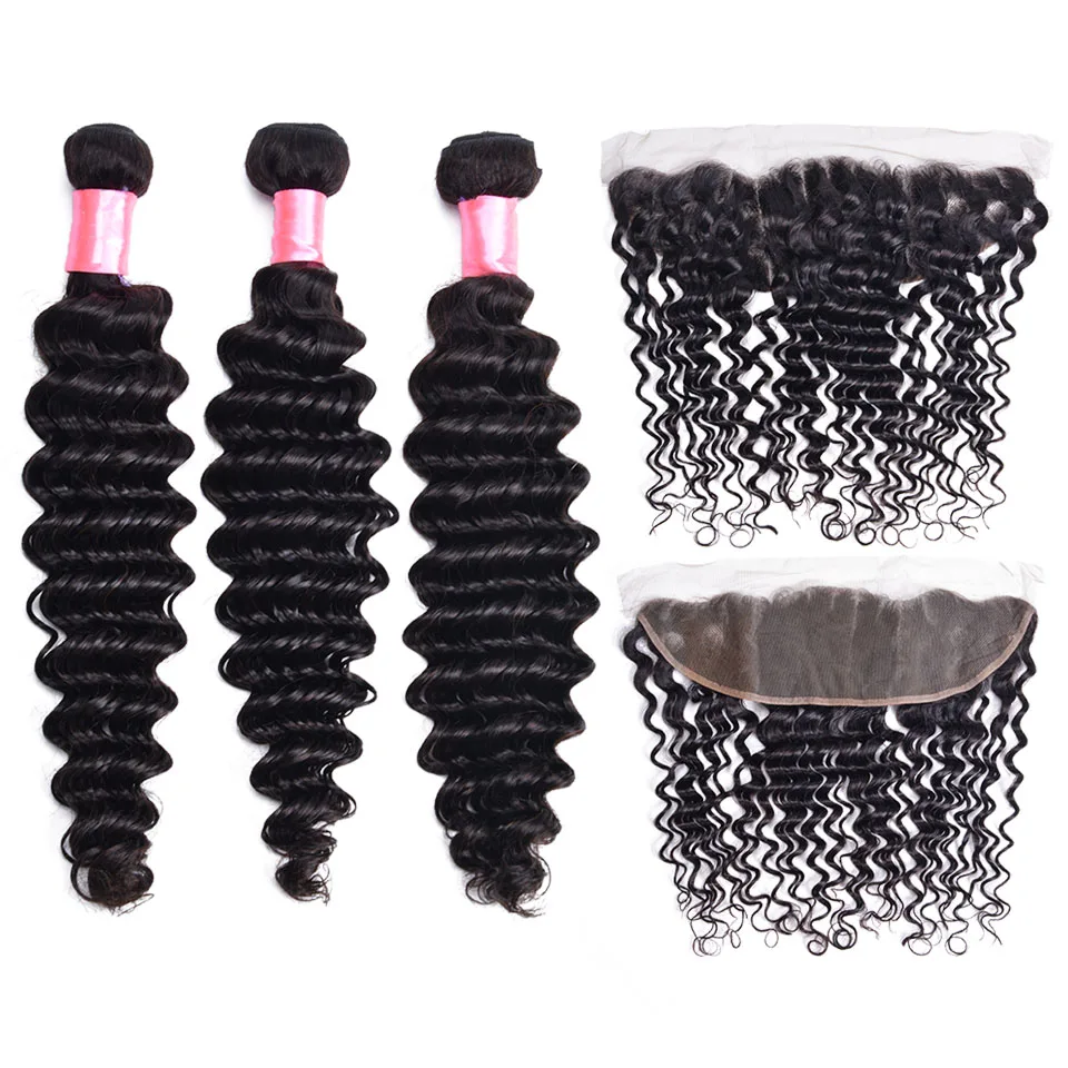 

Remy Brazilian Hair Weave Bundles With Lace Frontal 3 Bundles With Frontal Deep Wave Bundles With Frontal Human Hair Extension