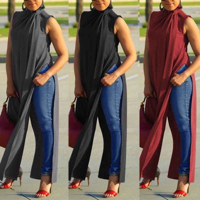 

ZANZEA Women's Split Blouse Elegant Summer Long Tops Sleeveless Casual Shirts Female Button Turtleneck Blusas Oversized Chemise