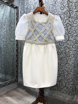 

2020 Early Autumn New Women's round Neck Back Zipper Chest Heavy Industry Beaded Color Matching Short-Sleeve Dress 826
