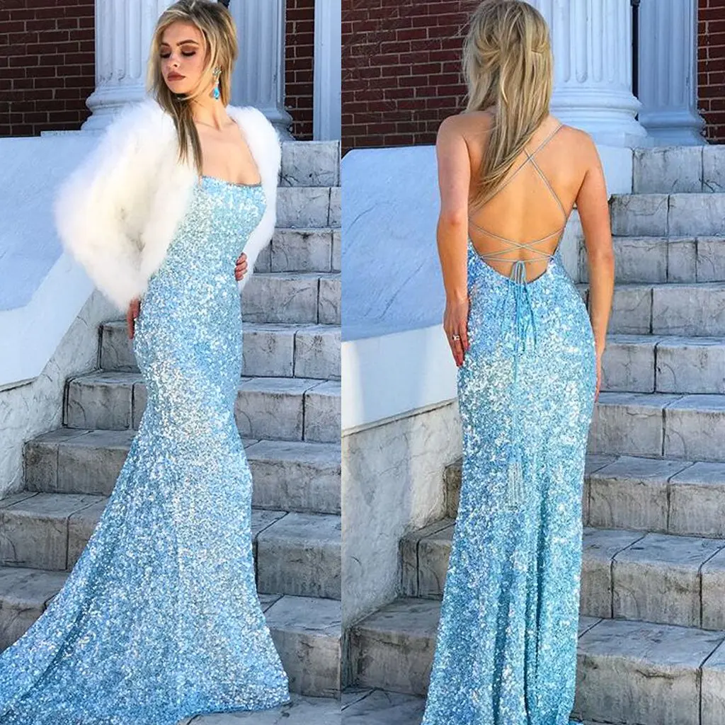 Длинное платье для выпускного вечера в стиле русалки,, Vestidos De Gala, блестящие вечерние платья с блестками, с открытой спиной, на бретельках, Robe De Soiree