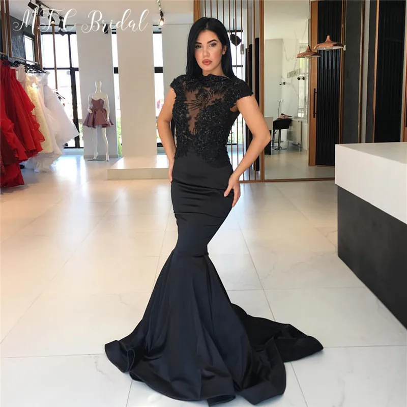 

Charming Black Mermaid Long Prom Dresses 2019 Exquisite Beads Appliques Formal Satin Evening Gowns Customize Robe De Soiree