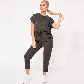 

2020 Two Piece Set Women's Summer Tracksuits Casual 2Pcs Short Sleeve O-neck Tops+Cropped Trousers Ladies Lounge Sports Suits
