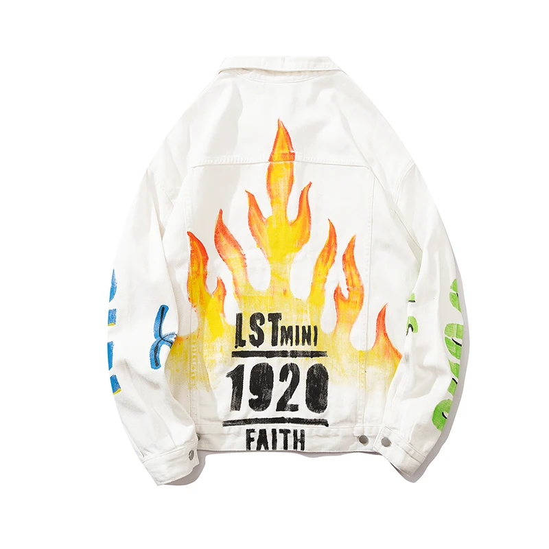 

20ss Flame Graffiti Harajuku Oversize Mens Denim Coat Streetwear Loose Windbreaker Jeans Jacket Hip Hop Men Bomber Jackets