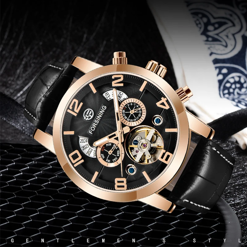 Forsining Tourbillion многофункциональные часы с Циферблатом из розового золота Роскошные брендовые модные автоматические механические часы мужские часы