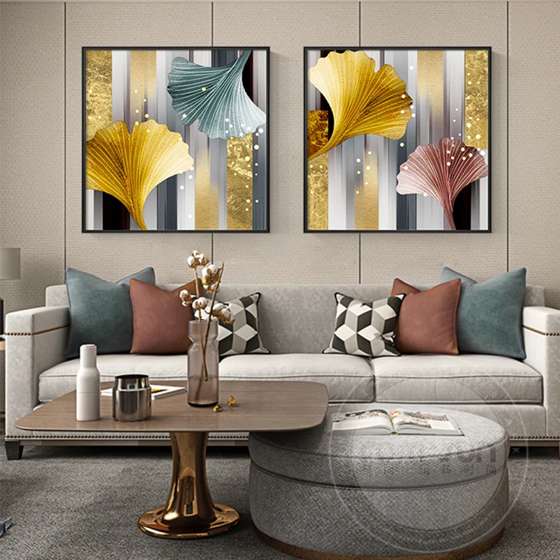 

Modern Colorful Abstract Plant Canvas Painting Gold Leaves Poster Print Autumn Wall Pictures for Living Room Bedroom Home Decor