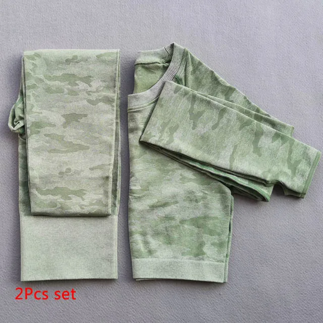 Green 2 Pcs set Комплект для йоги из 3 предметов, камуфляжные бесшовные леггинсы с высокой талией+ спортивный бюстгальтер+ укороченный топ с длинными рукавами, женская одежда для бега в тренажерном зале, спортивный костюм для фитнеса - Цвет: Green 2 Pcs set