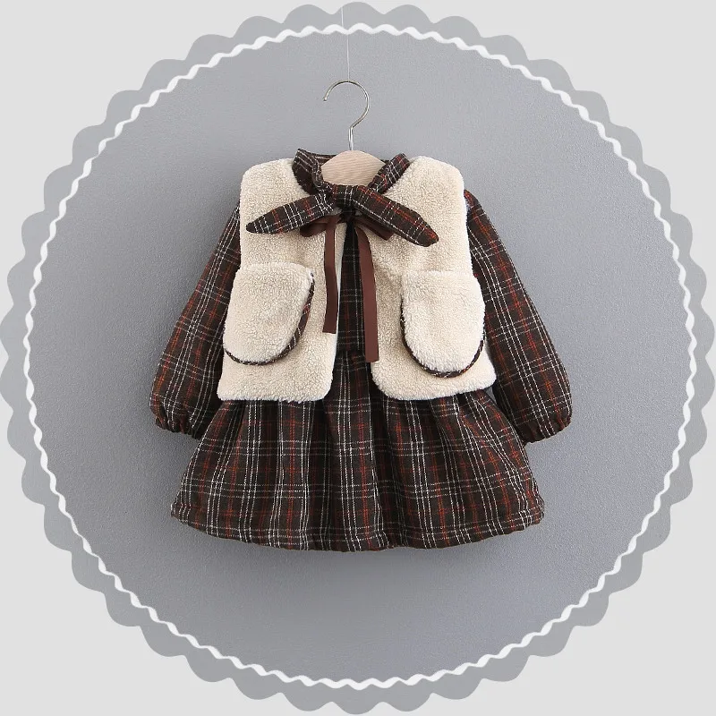 Brown Sodawn Baby Girls Dress Autumn and Winter Girls Thicken Plus Velvet Long Sleeve Down Dress+White Fur Vest 2Pcs Suit Kids Clothes - Цвет: Brown