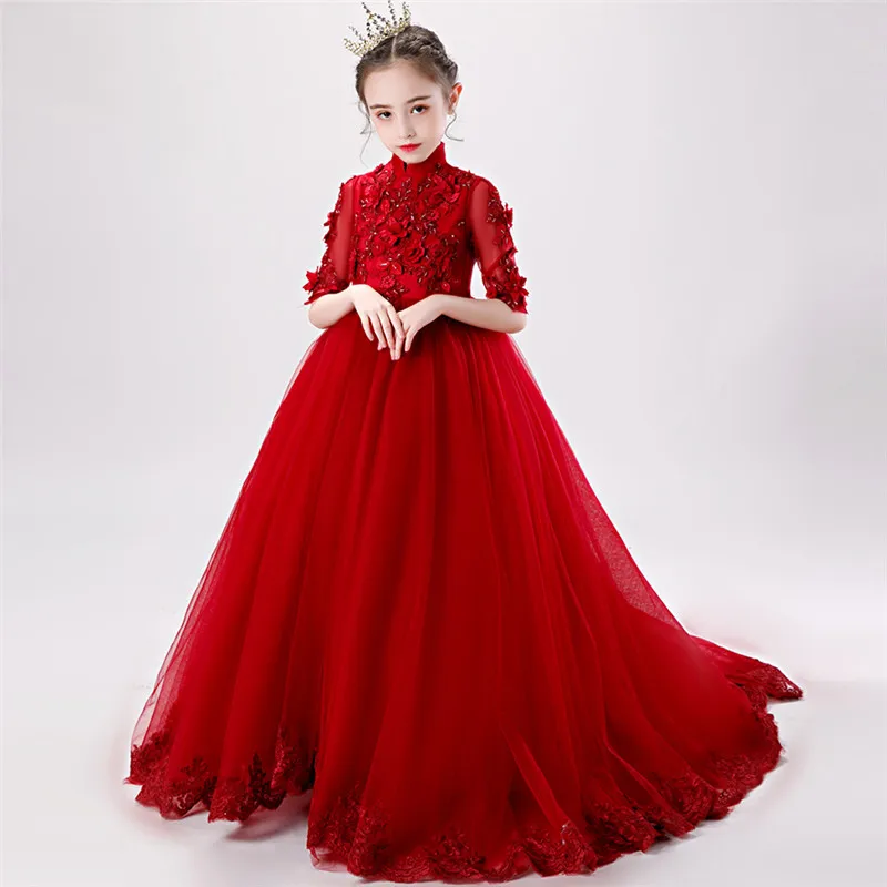 wine-red tail dress Корейское милое детское пышное платье принцессы с аппликацией в виде цветов на день рождения, свадьбу, вечеринку модель подиума платье для игры на фортепиано - Цвет: wine-red tail dress