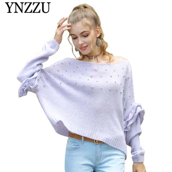 

Ruffles sleeve Beading Women knit sweater 2019 Autumn Winter Purple O-neck Female Oversized pullover jumper Fashion YNZZU YT716