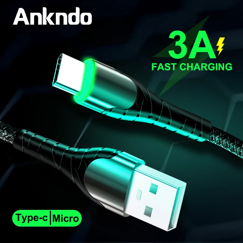 ANKNDO Micro usb type C 3A кабель для быстрой зарядки светодиодный шнур для зарядки мобильного телефона для samsung sony Xiaomi huawei USB-C шнур