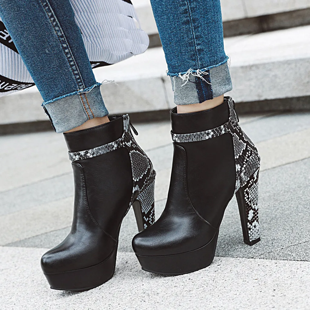 

Women's boots soft leather Round Toe Thick Heel ankle boots for women Zipper Snake Stitching winter boots women chaussures femme