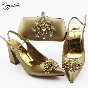 

Latest gold party set pointed toe spring/autumn shoes and purse bag sets with crystal stones 18B127, heel height 9cm