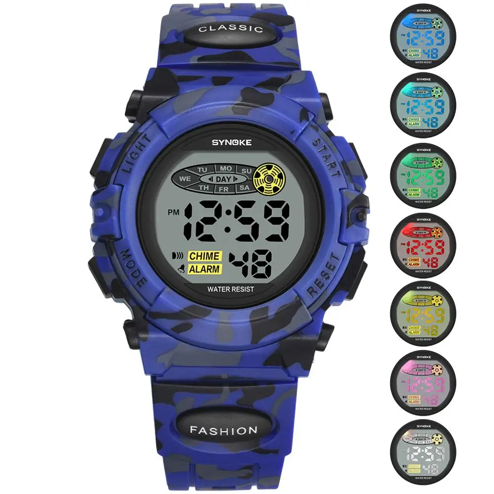 dark blue SYNOKE Sports Military Kids Digital Watches Student Children's Watch Fashion Luminous Led Alarm Camouflage Green Boy Clock - Цвет: dark blue