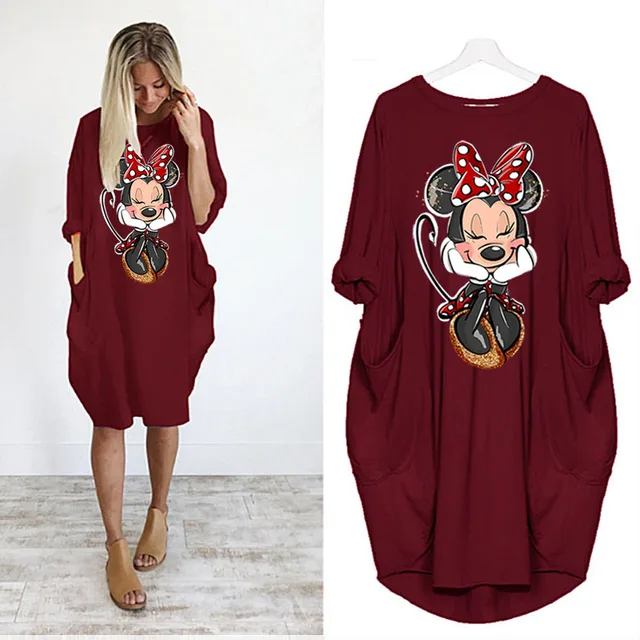Disney Plus Size Midi Dress Long Sleeve Robe Casual Minnie Mickey Mouse Print Beach Loose Dresses Kawaii Sundress Women Clothing D002H1695 Red