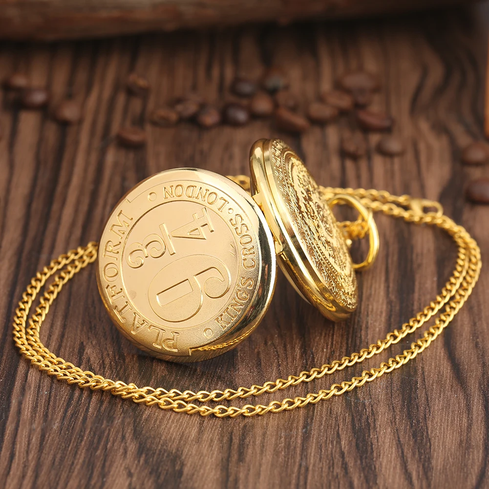 Exquisite Gold Quartz Pocket Watch Men Platform Nine and Three Quarters Feamale Necklace Clock Chain Pendant montre de poche