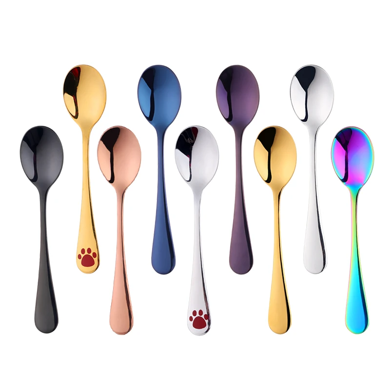 1PCS Stainless Steel Spoon Ice Cream Cake Dessert Rainbow Children Round Tea Coffee Gold Footprint Scoops Dinnerware | Дом и сад