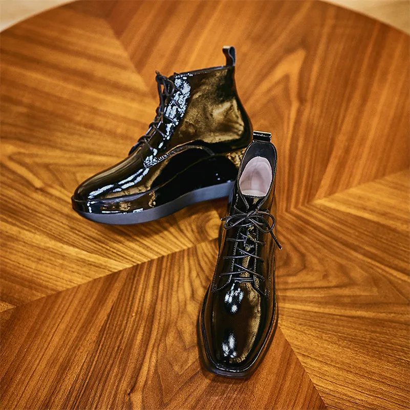 FEDONAS Genuine Cow Patent Leather Women Ankle Boots Casual Shoes Woman High Heeled Short Riding Boots Warm Autumn Winter Shoes
