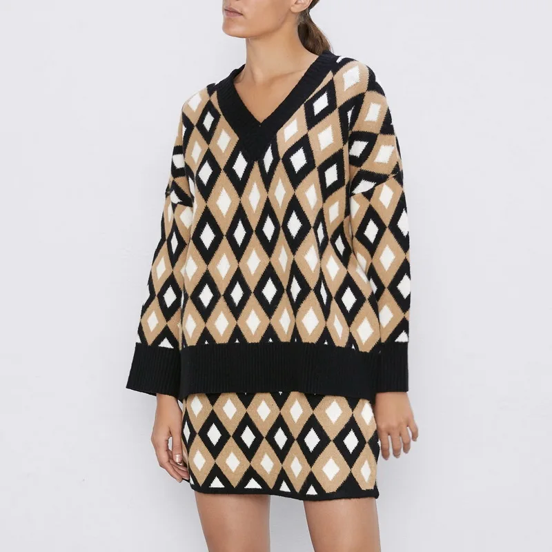 Женский свитер и юбка наборы Осень 2019 Новая мода геометрический узор Свободный
