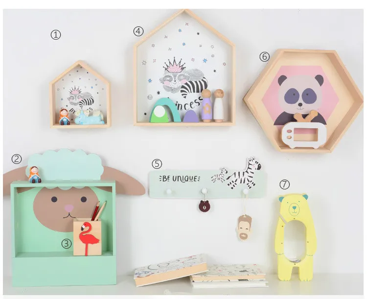 Мультяшная деревянная настенная полка с животными, милая детская спальня, украшение на стену для хранения для детей, креативный Настенный декор