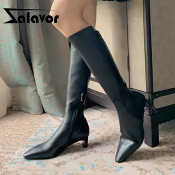 

ZALAVOR Women Knee Boots Thick Heel Pointed Toe Zipper Shoes Winter Warm Shoes Fashion Women Party Footwear Size 33-40
