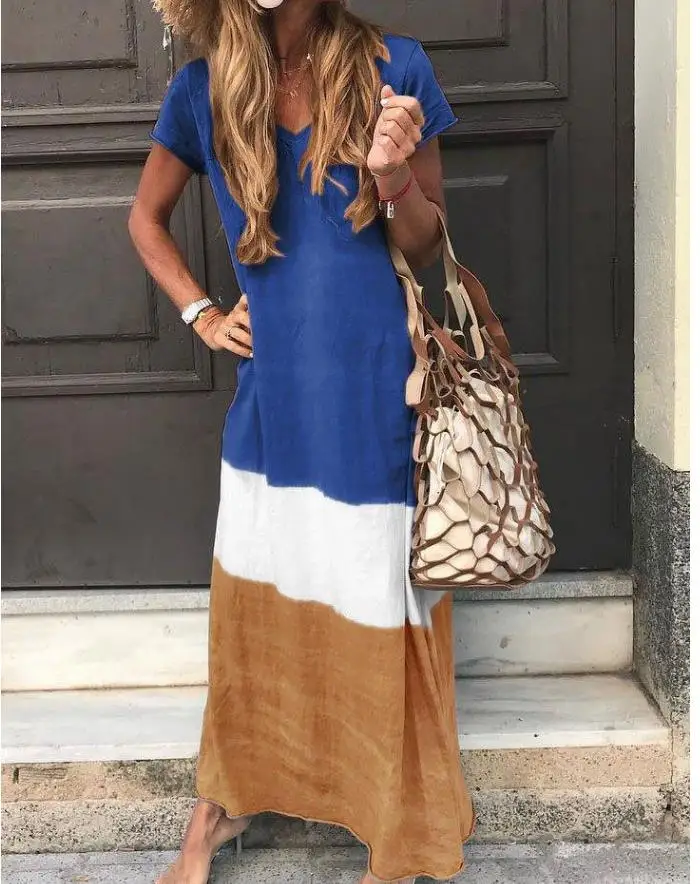 style2 Платье из новой коллекции Для женщин простота легко Цвет столкновения, вязаная, с коротким рукавом и принтом с v-образным вырезом, длинное платье в пол - Цвет: style2