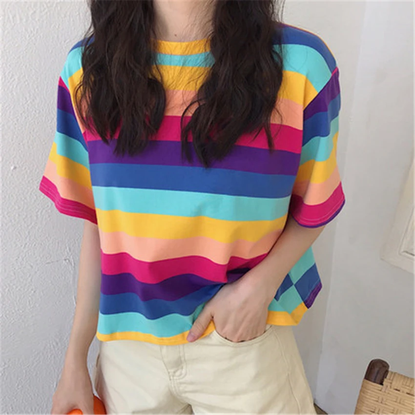 2020-Nuovo-Casual-Maglietta-Allentata-Arcobaleno-a-Righe-O-Collo-Delle-Donne-a-Maniche-Corte-T (1)