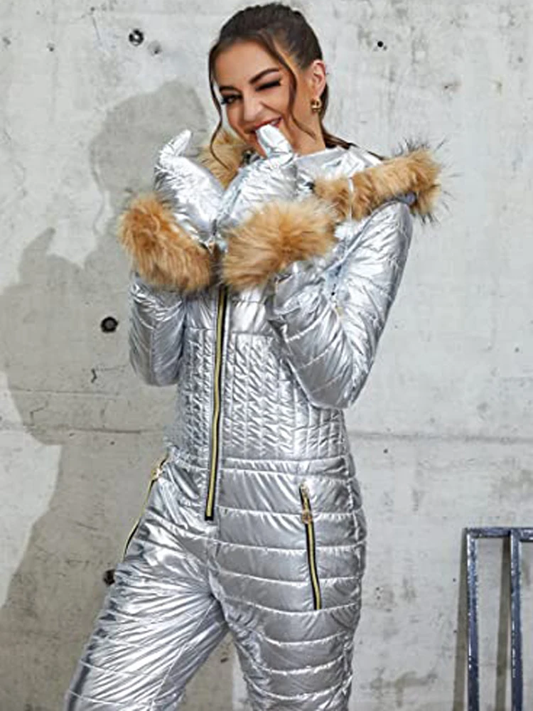 

Лыжный комбинезон, Женское зимнее пальто с мехом и капюшоном, женский теплый зимний комбинезон с хлопковой подкладкой и высокой талией, стеганая парка на молнии