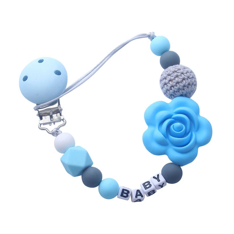 Blue Зажим-держатель для детской соски, цепочка, силиконовые бусины, пищевая соска, цепочки, розовый детский прорезыватель, цепочка для прорезывания зубов, игрушки - Цвет: Blue