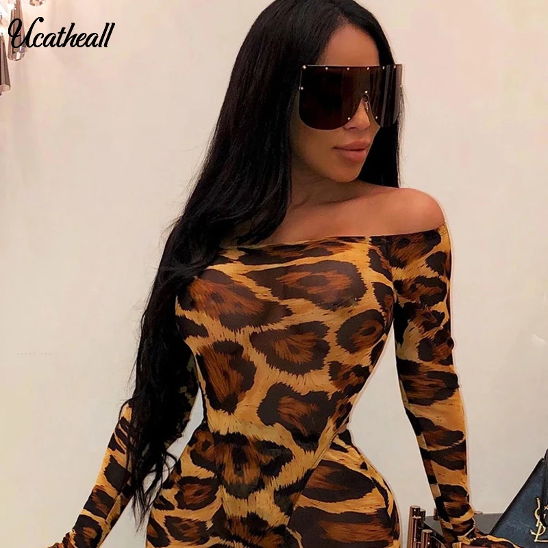 

Ruffle Sleeve Leopard Bodysuit Women Bodycon Bodysuit Long Sleeve Slash Neck Sexy Bodysuit Romper Party Clubwear Overalls