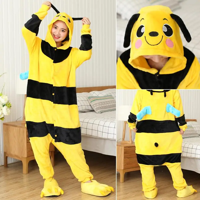 Yellow Bee FL Женский костюм животного кигуруми аниме милый Единорог стежка мультфильм костюмы унисекс комбинезон взрослые комбинезоны Скелет коала один кусок - Цвет: Yellow Bee FL