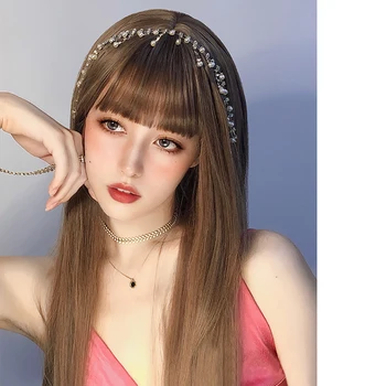 

HUAYA Long Wig With Bangs Ombre Brown mixed Golden Synthetic Lolita Wig For Women Halloween Costumes Party Cosplay Wig