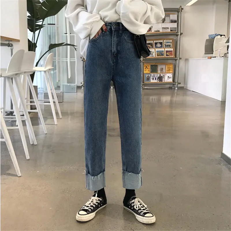

HziriP Solid Students High Waist High Street Jeans Casual Straight New Curl Loose Slim Autumn Denim Large Size Wide Leg Trouser
