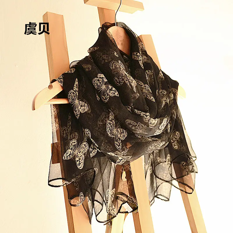 

Natural silk diaphanous scarf printed black with butterfly wrap soft light very thin spring summer shawl gift for women lady