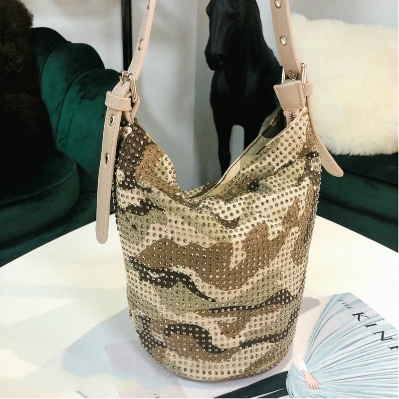 BXX Sac/ модная осенне-зимняя роскошная женская сумка дизайнерская Высококачественная кожаная камуфляжная сумка-ведро со стразами ZE559 - Цвет: green