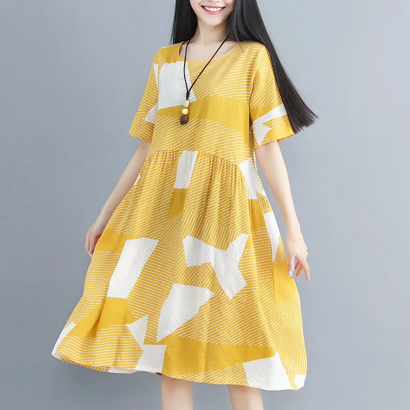 

Cotton Linen WOMEN'S Dress 2019 Summer New Style Retro Abstract Printed Mid-length Fat Mm Slimming Short-sleeve Dress Women's