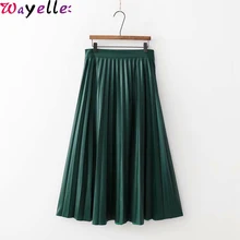 Женский винтажный искусственная кожа миди юбки зеленая плиссированная длинная юбка женская боковая молния шикарная Офисная Женская юбка женская уличная