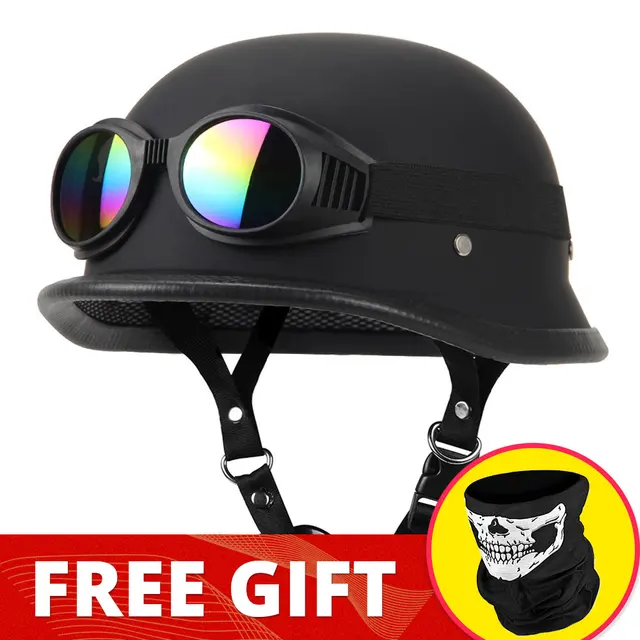 Motorcycle Helmet German Leather Vintage Casco Moto Motorcycle Open Face Retro Half Helmet Chopper Biker Pilot DOT Size S-XXL 307-Matte BK-Glass1